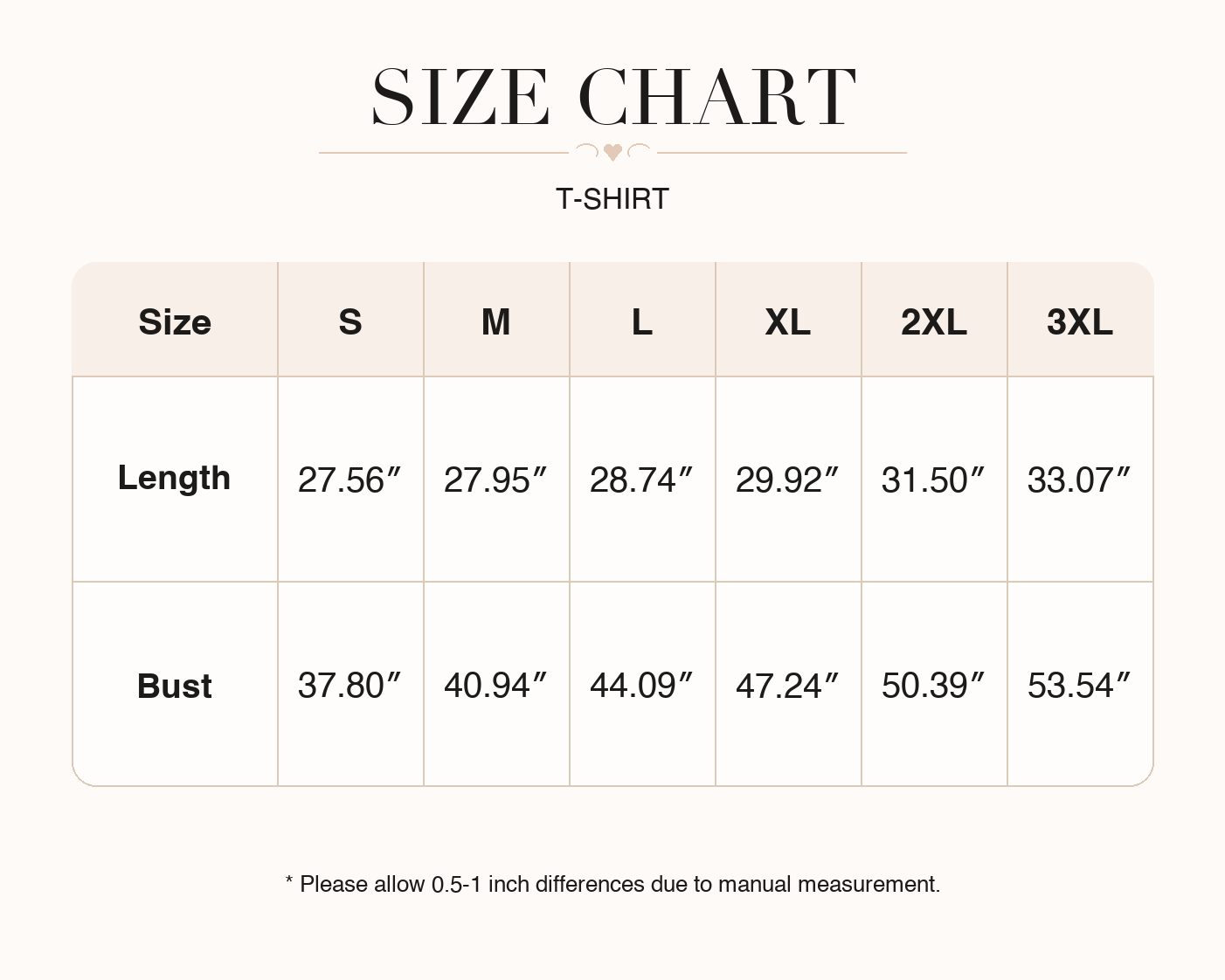 Men's T-shirt size chart for sizes S, M, L, XL, 2XL, and 3XL.