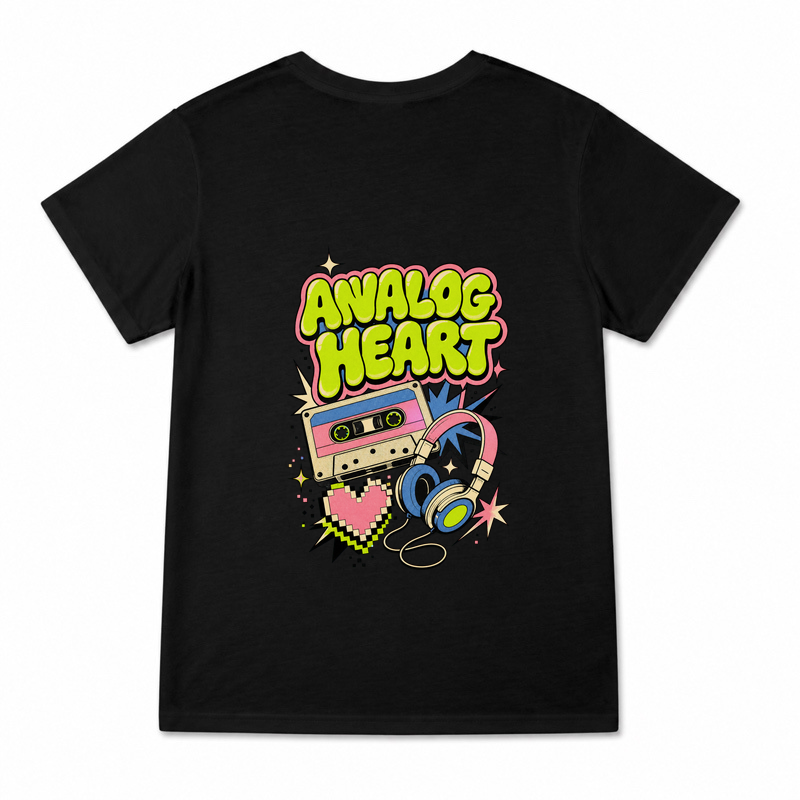 Women's Analog Heart Graphic T-Shirt on a black T-shirt.