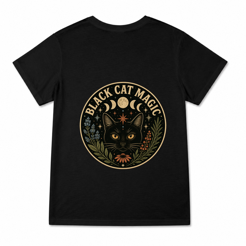Women's Black Cat Magic Graphic T-Shirt on a black T-shirt.