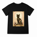 Women's Black Cat Moon Phases Graphic T-Shirt on a black T-shirt.