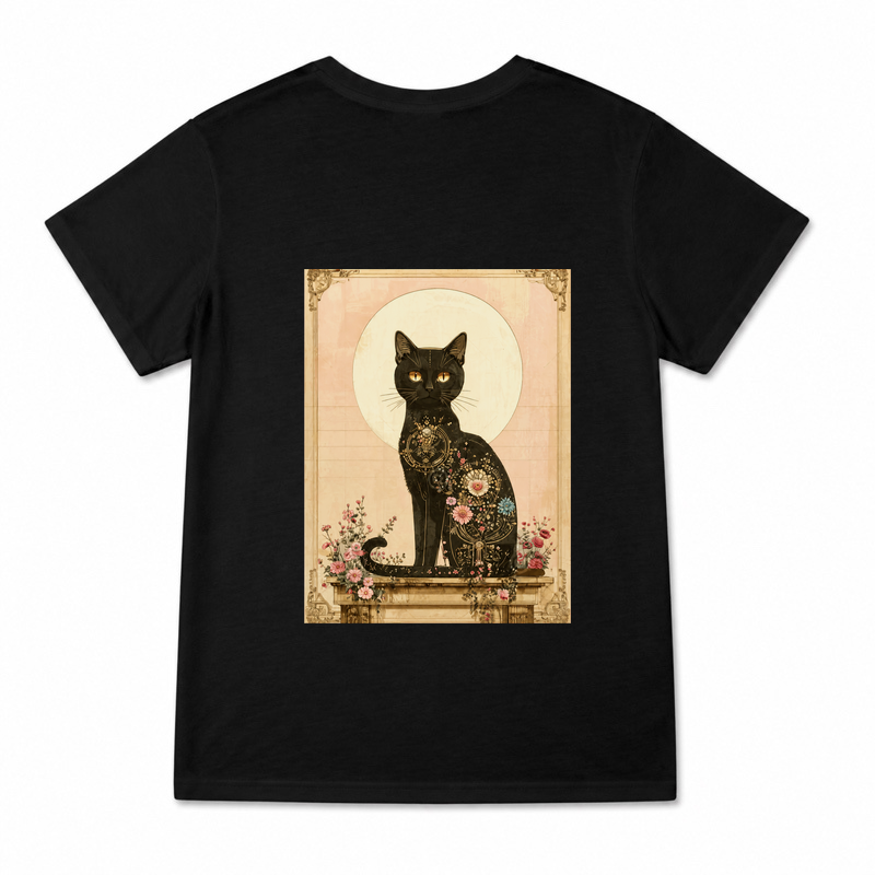 Women's Black Cat Moon Phases Graphic T-Shirt on a black T-shirt.