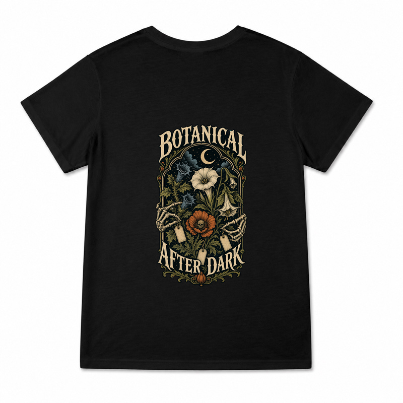 Women's Botanical After Dark Graphic T-Shirt on a black T-shirt.