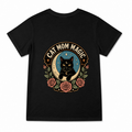 Women's Cat Mom Magic Graphic T-Shirt on a black T-shirt.
