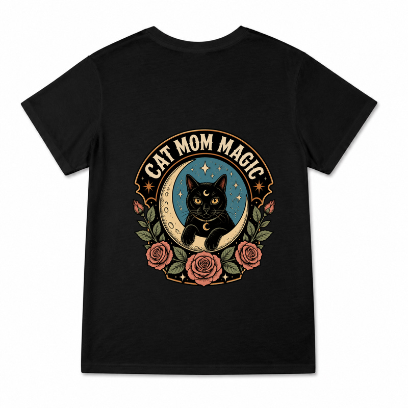 Women's Cat Mom Magic Graphic T-Shirt on a black T-shirt.