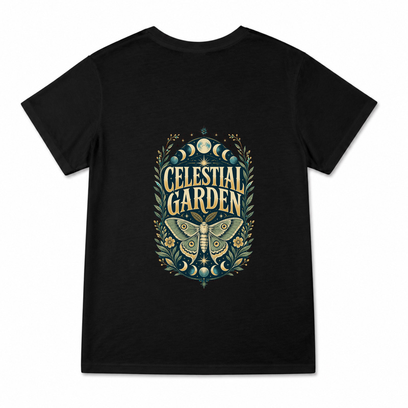 Women's Celestial Garden Graphic T-Shirt on a black T-shirt.