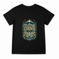 Women's Celestial Garden Graphic T-Shirt on a black T-shirt.