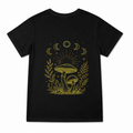 Women's Celestial Mushroom Moon Graphic T-Shirt on a black T-shirt.