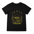 Women's Celestial Mushroom Moon Graphic T-Shirt on a black T-shirt.