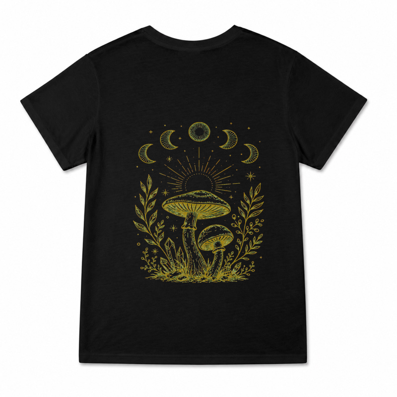 Women's Celestial Mushroom Moon Graphic T-Shirt on a black T-shirt.