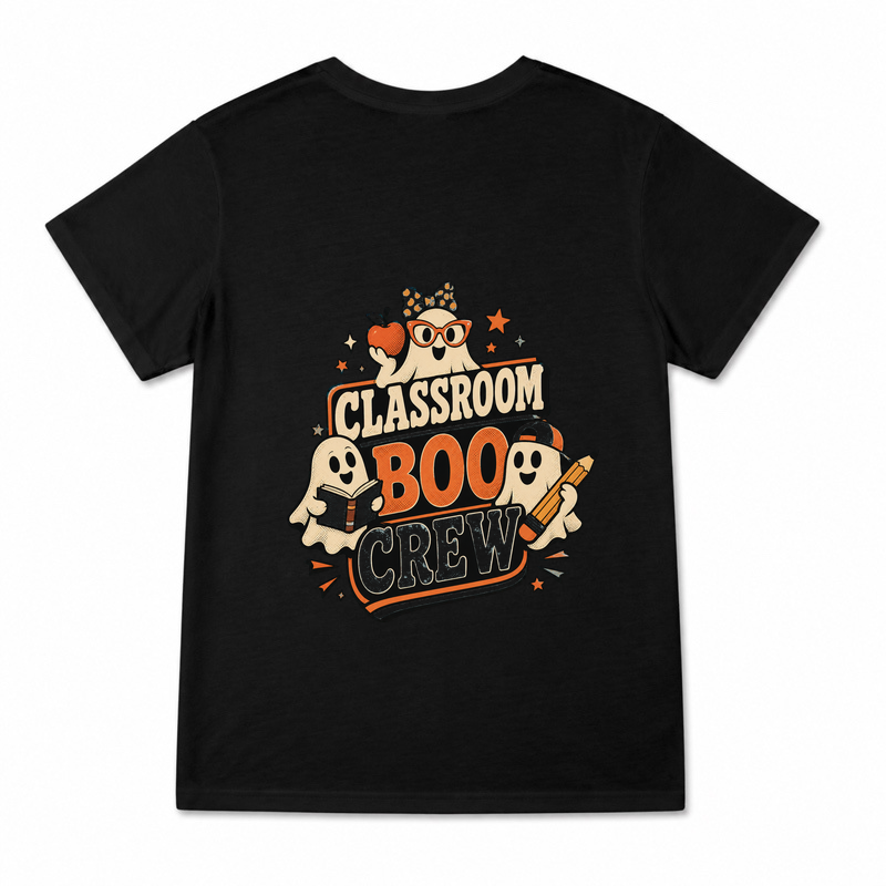 Women's Classroom Boo Crew Graphic T-Shirt on a black T-shirt.