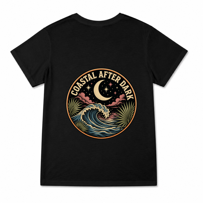 Women's Coastal After Dark Graphic T-Shirt on a black T-shirt.