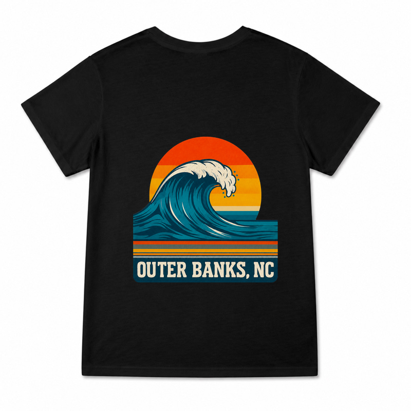 Women's Coastal Wave Graphic T-Shirt on a black T-shirt.