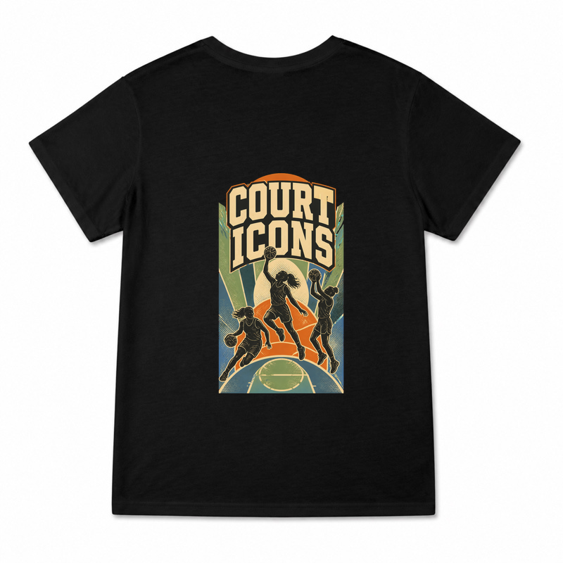 Women's Court Icons Graphic T-Shirt on a black T-shirt.