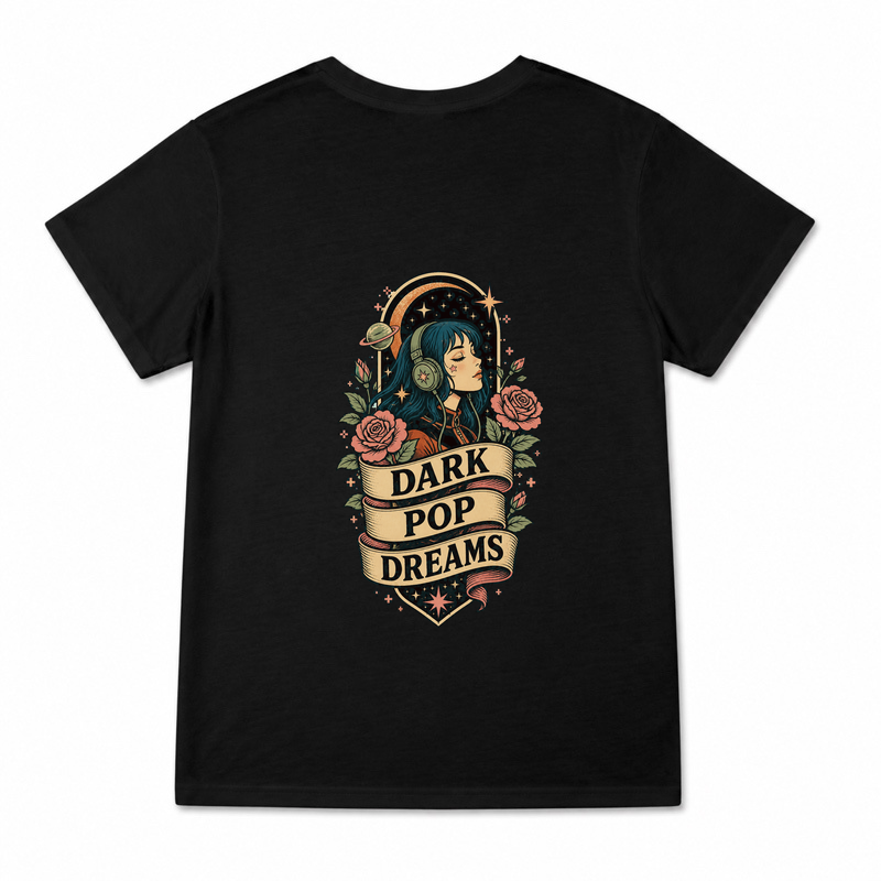 Women's Dark Pop Dreams Graphic T-Shirt on a black T-shirt.