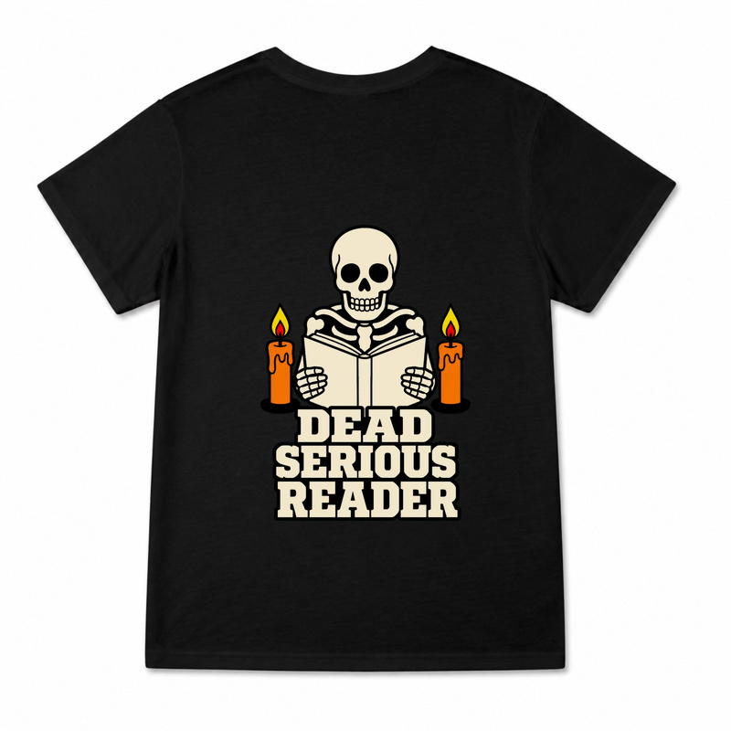Women's Dead Serious Reader Graphic T-Shirt on a black T-shirt.