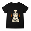 Women's Dead Serious Reader Graphic T-Shirt on a black T-shirt.