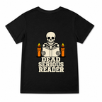 Women's Dead Serious Reader Graphic T-Shirt on a black T-shirt.