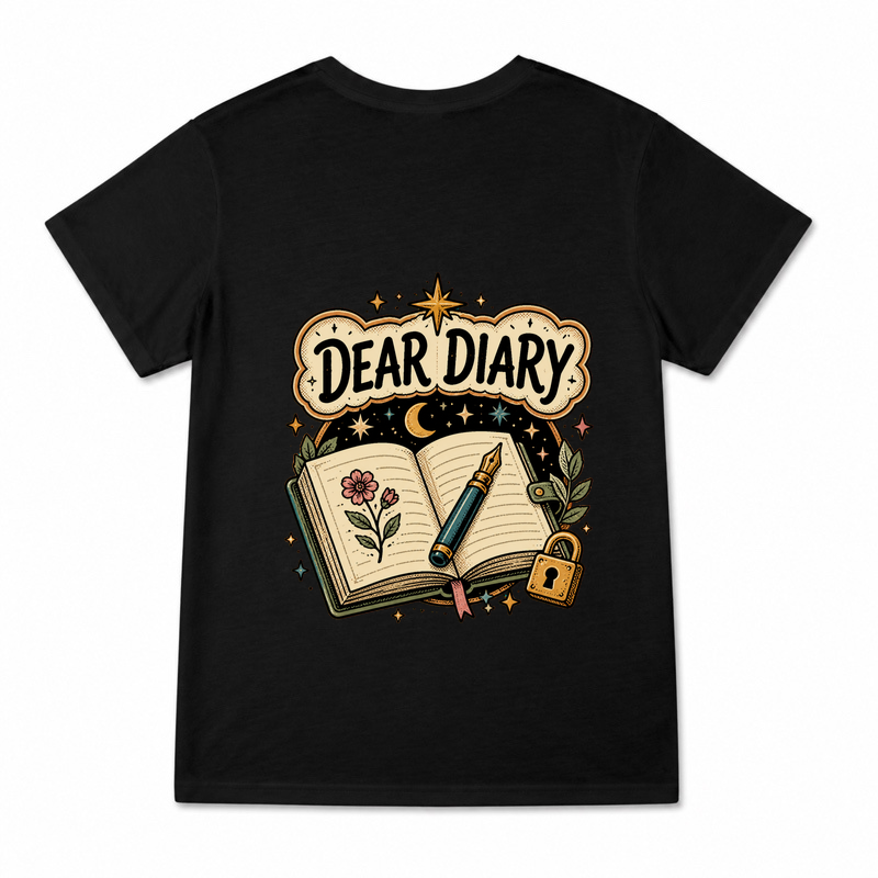 Women's Dear Diary Celestial Graphic T-Shirt on a black T-shirt.