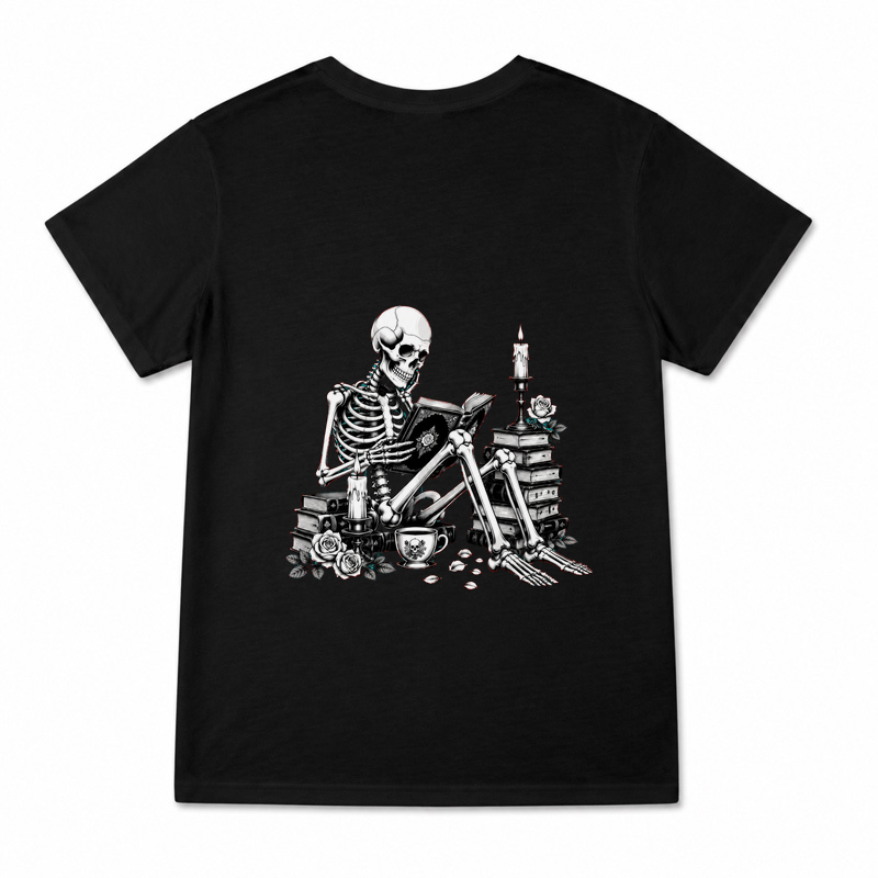 Women's Floral Skeleton Reader Graphic T-Shirt on a black T-shirt.