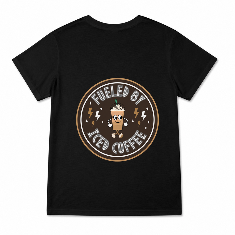 Women's Fueled by Iced Coffee Graphic T-Shirt on a black T-shirt.