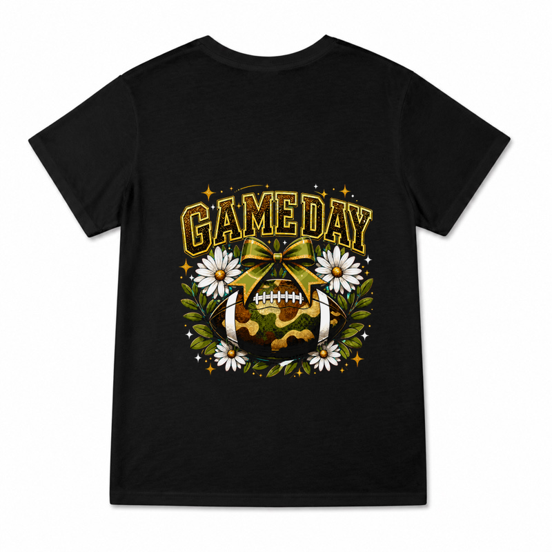 Women's Gameday Football Bow Graphic T-Shirt on a black T-shirt.