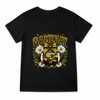 Women's Gameday Football Bow Graphic T-Shirt on a black T-shirt.