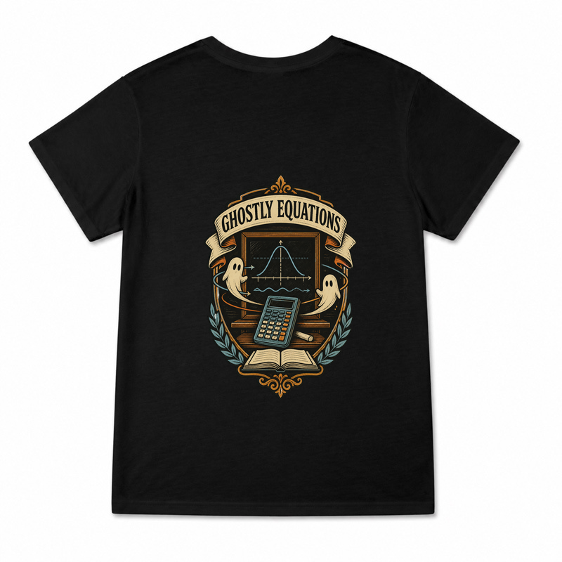 Women's Ghostly Equations Classroom Graphic T-Shirt on a black T-shirt.