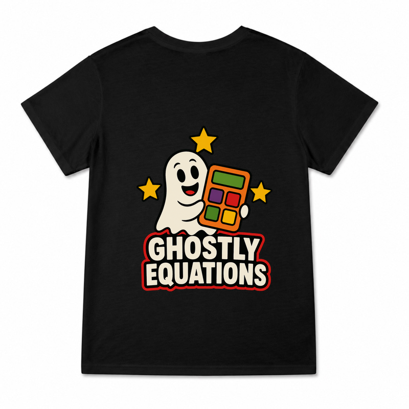 Women's Ghostly Equations Graphic T-Shirt on a black T-shirt.