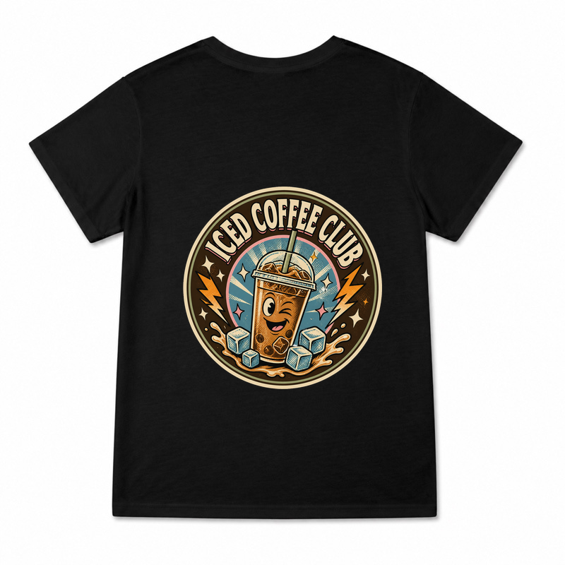 Women's Iced Coffee Club Graphic T-Shirt on a black T-shirt.