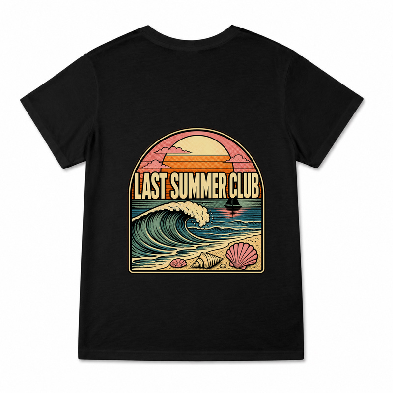 Women's Last Summer Club Graphic T-Shirt on a black T-shirt.