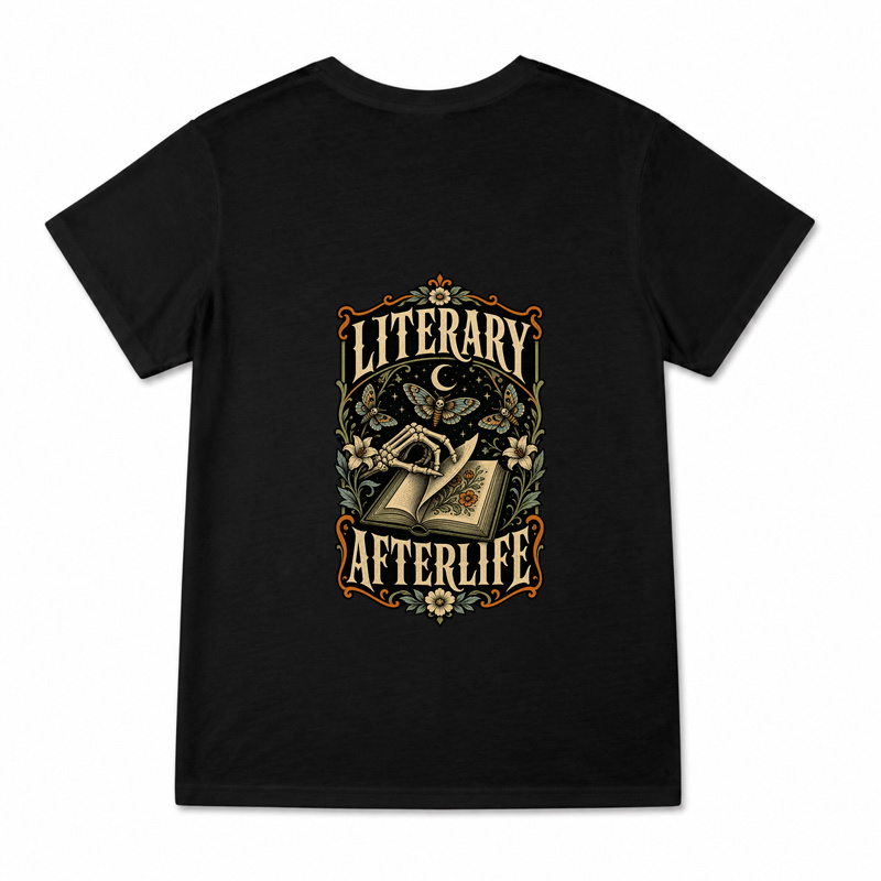 Women's Literary Afterlife Graphic T-Shirt on a black T-shirt.