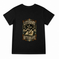 Women's Literary Afterlife Graphic T-Shirt on a black T-shirt.