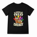 Women's Little Treat Energy Graphic T-Shirt on a black T-shirt.