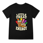 Women's Little Treat Energy Graphic T-Shirt on a black T-shirt.