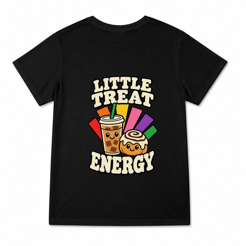 Women's Little Treat Energy Graphic T-Shirt on a black T-shirt.