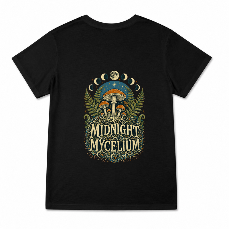 Women's Midnight Mycelium Graphic T-Shirt on a black T-shirt.