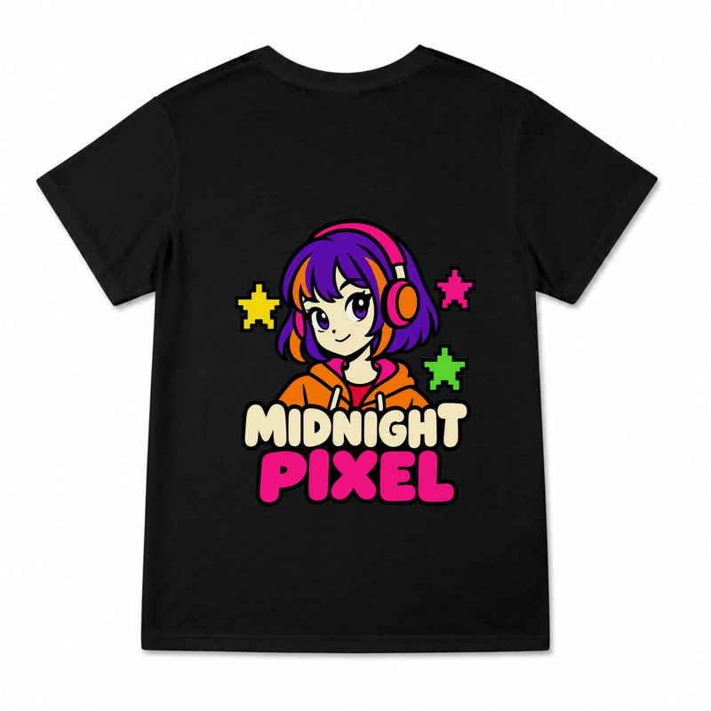 Women's Midnight Pixel Graphic T-Shirt on a black T-shirt.