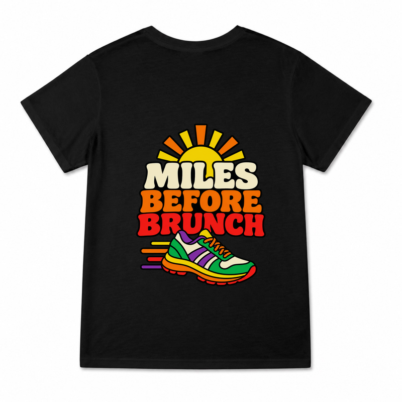 Women's Miles Before Brunch Graphic T-Shirt on a black T-shirt.