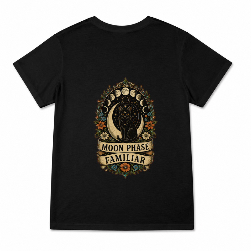 Women's Moon Phase Familiar Graphic T-Shirt on a black T-shirt.