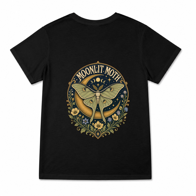 Women's Moonlit Moth Graphic T-Shirt on a black T-shirt.