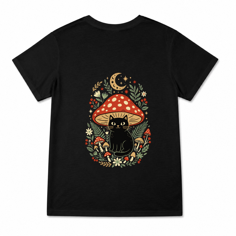 Women's Mushroom Cat Botanical Graphic T-Shirt on a black T-shirt.