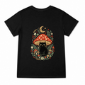Women's Mushroom Cat Botanical Graphic T-Shirt on a black T-shirt.