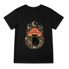 Women's Mushroom Cat Botanical Graphic T-Shirt on a black T-shirt.