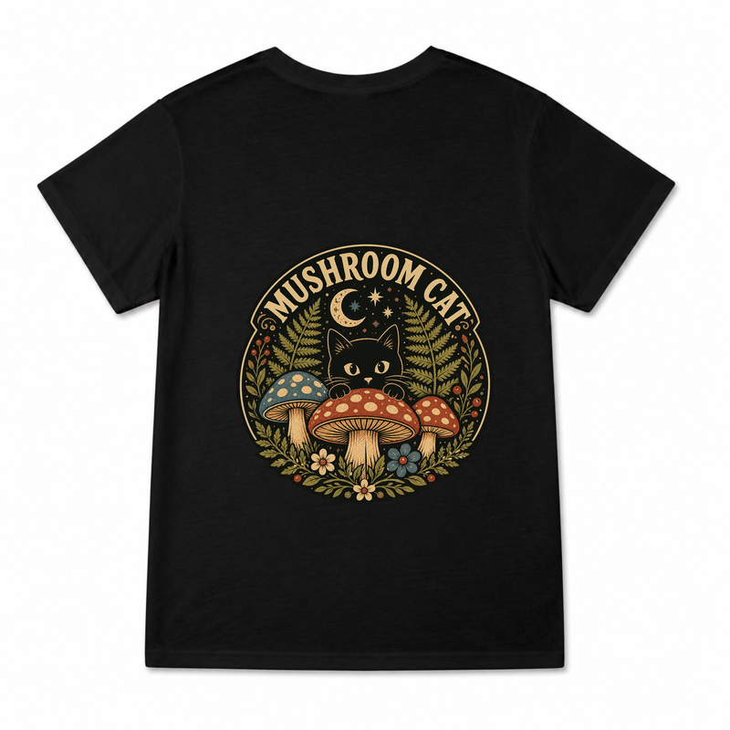 Women's Mushroom Cat Graphic T-Shirt on a black T-shirt.