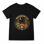Women's Mushroom Cat Graphic T-Shirt on a black T-shirt.