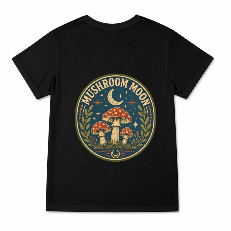Women's Mushroom Moon Graphic T-Shirt on a black T-shirt.