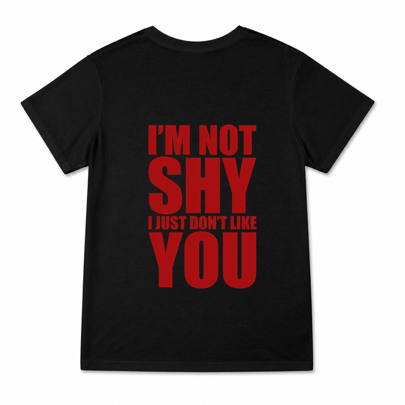 Women's Not Shy Y2K Slogan Graphic T-Shirt on a black T-shirt.