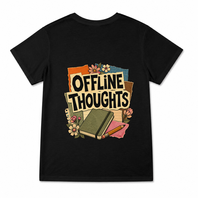 Women's Offline Thoughts Graphic T-Shirt on a black T-shirt.