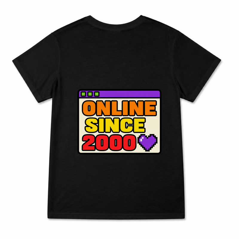 Women's Online Since 2000 Graphic T-Shirt on a black T-shirt.