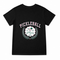 Women's Pickleball Social Club Graphic T-Shirt on a black T-shirt.